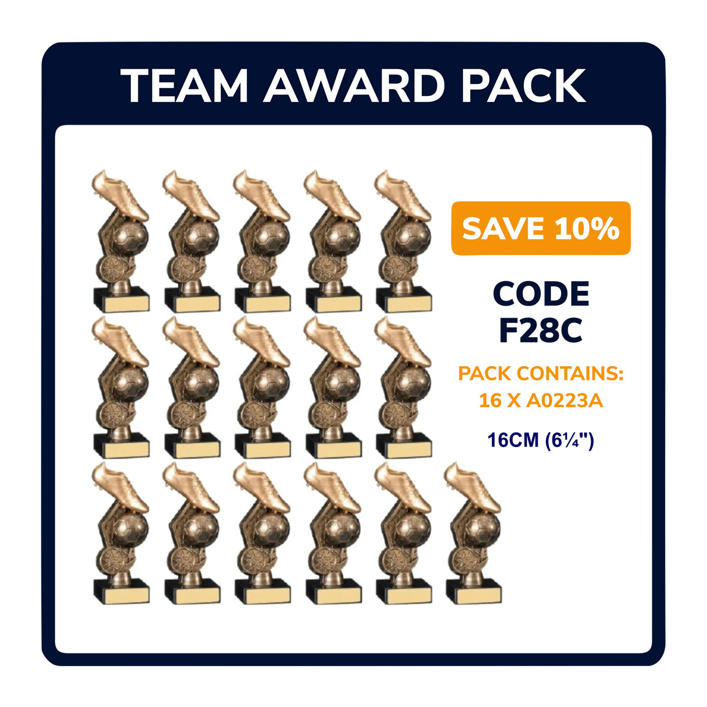 Football Gold Boot Trophy Team Awards in Antique Gold - Pack of 16