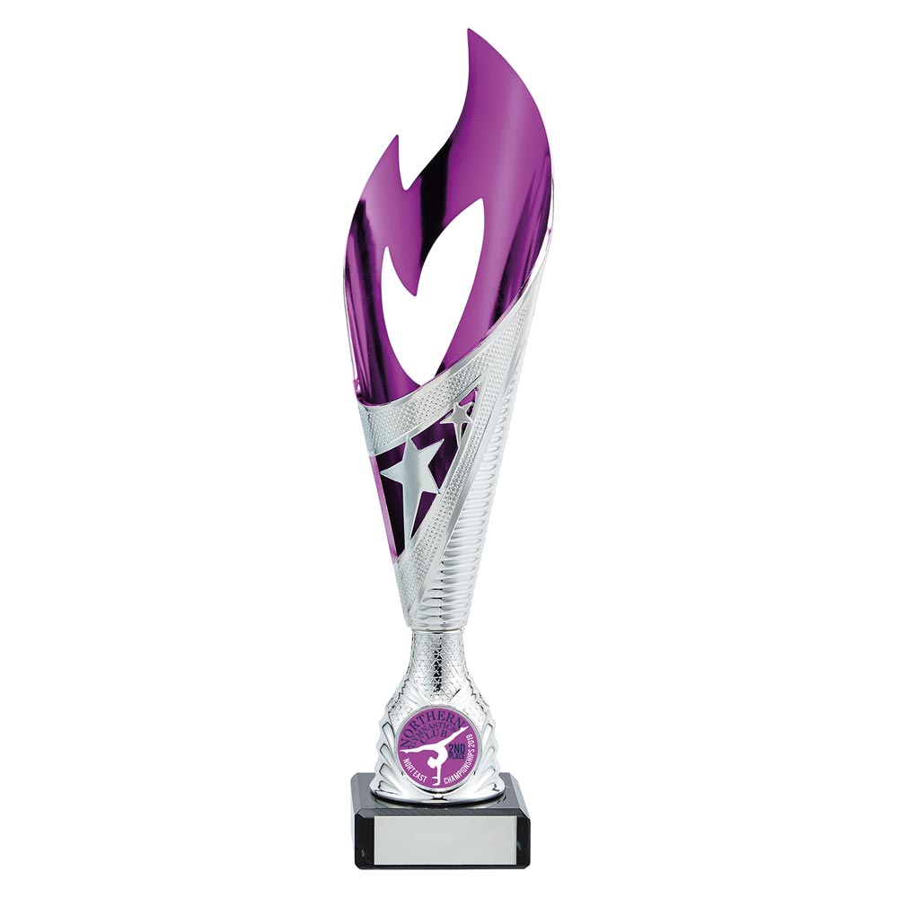 Laser Cut Inferno Flame Star Trophy Cup In Silver And Purple