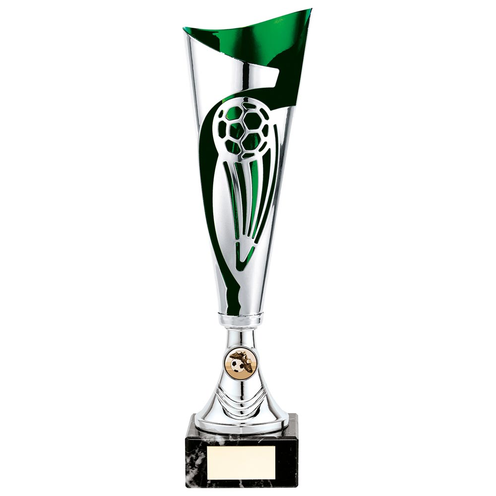 Laser Cut Champions Football Trophy Cup In Silver and Green